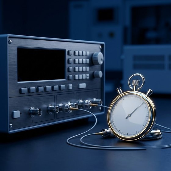 Precision frequency counter beside a chrome mechanical stopwatch