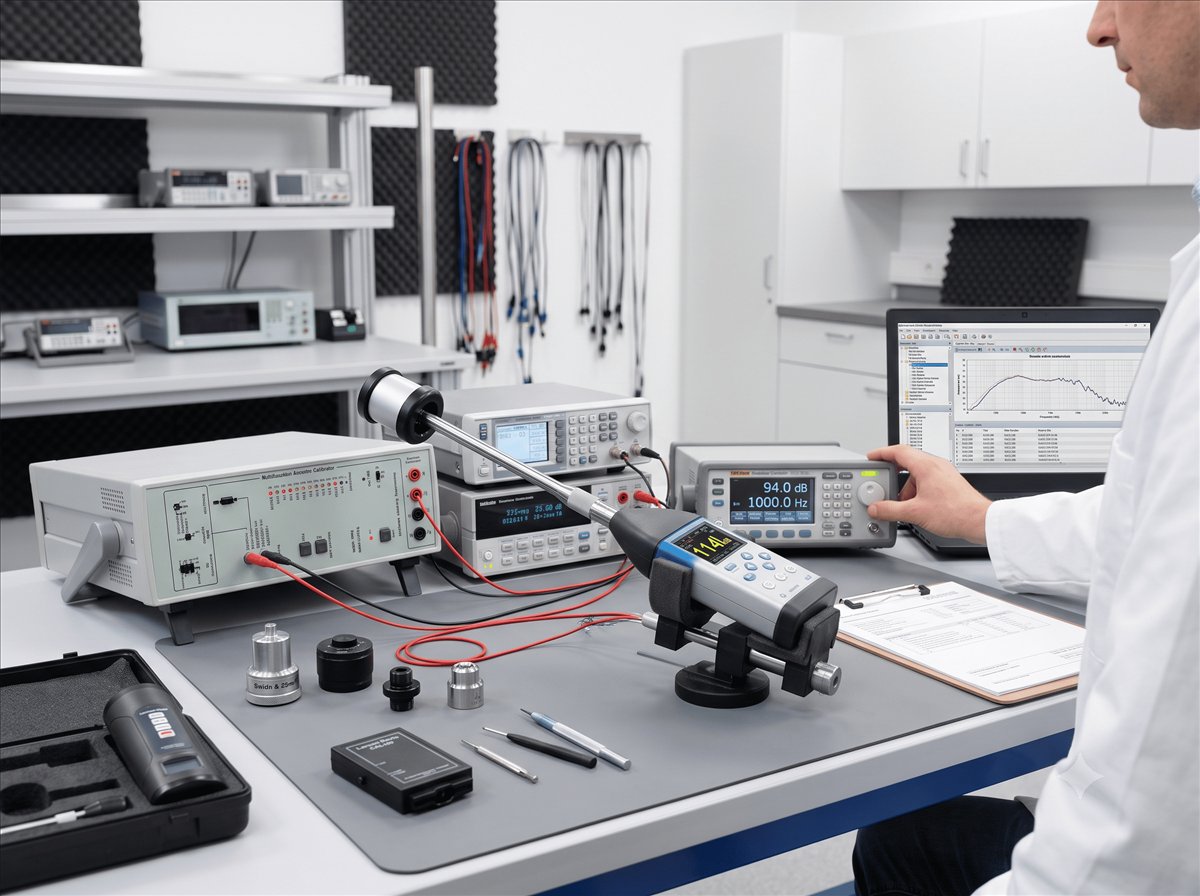 Sound level meter fitted into an acoustic calibrator