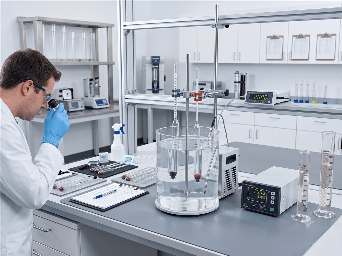 Hydrometers being checked for density calibration